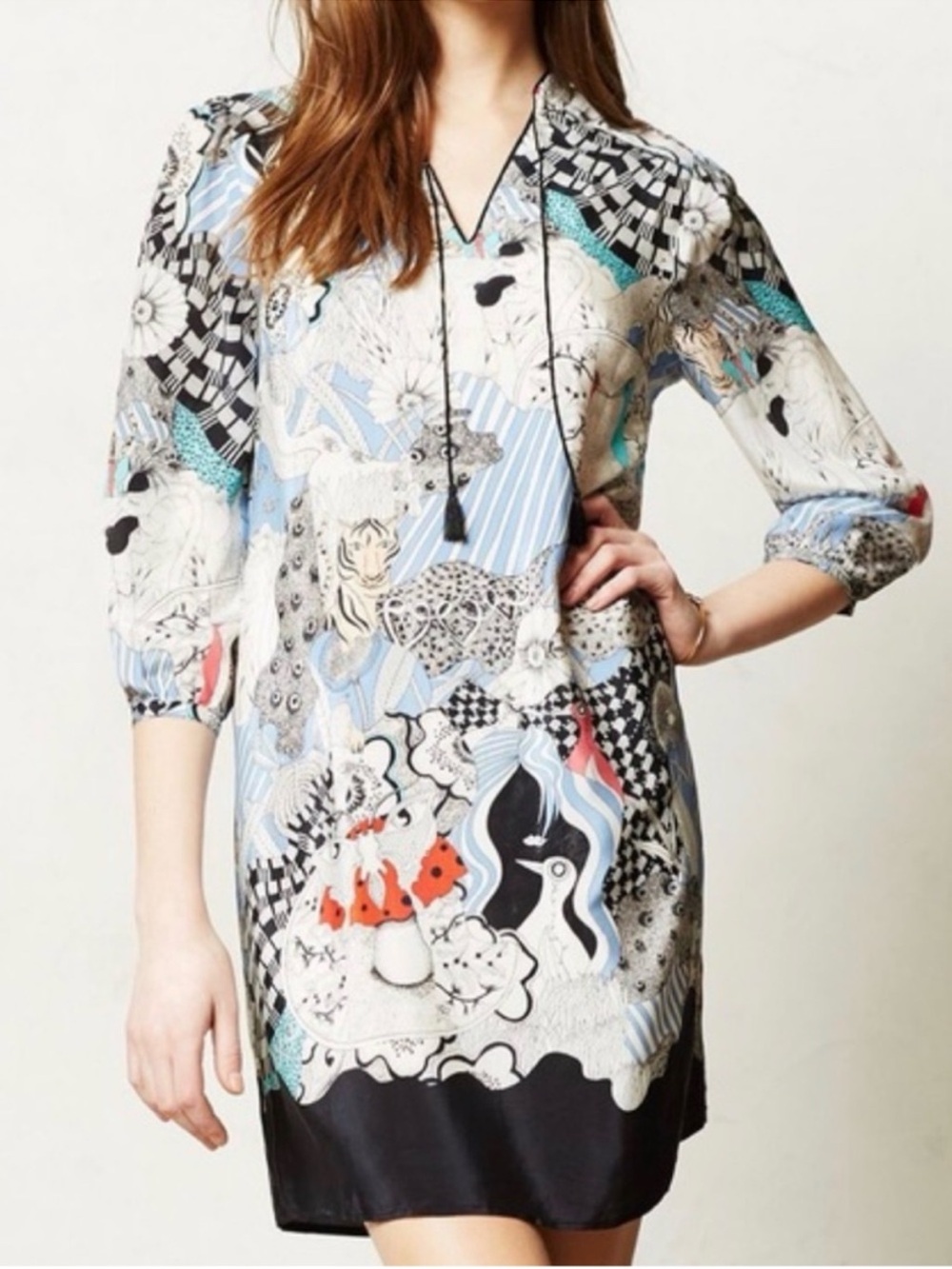 Anthropologie Drawing By Florence Balducci Silk Cleo Dress Floral Animals M